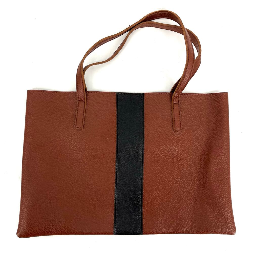 Vince Camuto‎ brown vegan leather black stripe tote shoulder bag
